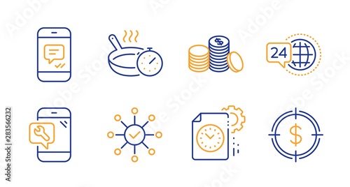 Message, Survey check and Project deadline line icons set. Phone repair, 24h service and Banking money signs. Frying pan, Dollar target symbols. Phone messenger, Correct answer. Vector