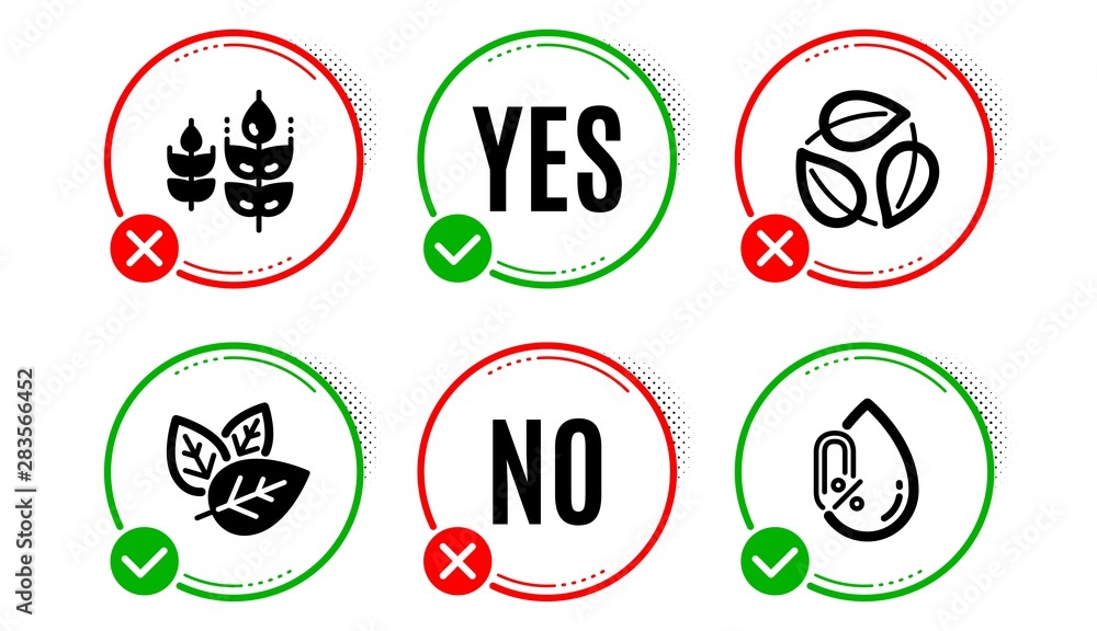 Organic tested, Leaves and Gluten free icons simple set. Yes no check box. No alcohol sign. Bio ingredients, Nature leaf, Mineral oil. Nature set. Organic tested icon. Check mark. Vector Organic tested, Leaves and Gluten free icons simple set. Yes no check box. No alcohol sign. Bio ingredients, Nature leaf, Mineral oil. Nature set. Organic tested icon. Check mark. Vector