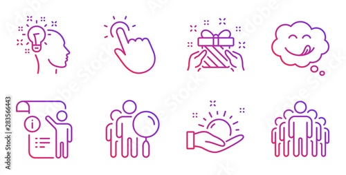 Yummy smile, Gift and Manual doc line icons set. Touchpoint, Sunny weather and Idea signs. Search people, Group symbols. Comic chat, Present. People set. Gradient yummy smile icon. Vector