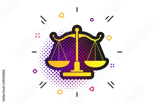Scales of Justice sign icon. Halftone dots pattern. Court of law symbol. Classic flat justice icon. Vector