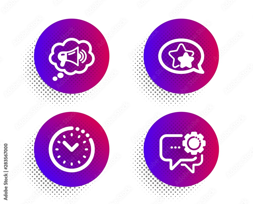 Star, Megaphone and Time management icons simple set. Halftone dots button. Employees messenger sign. Favorite, Brand message, Office clock. Speech bubble. Business set. Classic flat star icon. Vector