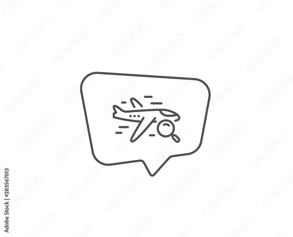Search flight line icon. Chat bubble design. Find travel sign. Magnify glass. Outline concept. Thin line search flight icon. Vector Search flight line icon. Chat bubble design. Find travel sign. Magnify glass. Outline concept. Thin line search flight icon. Vector