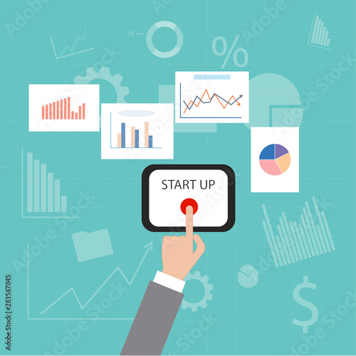 start up button The concept of starting a business. vector.gears and development icons.