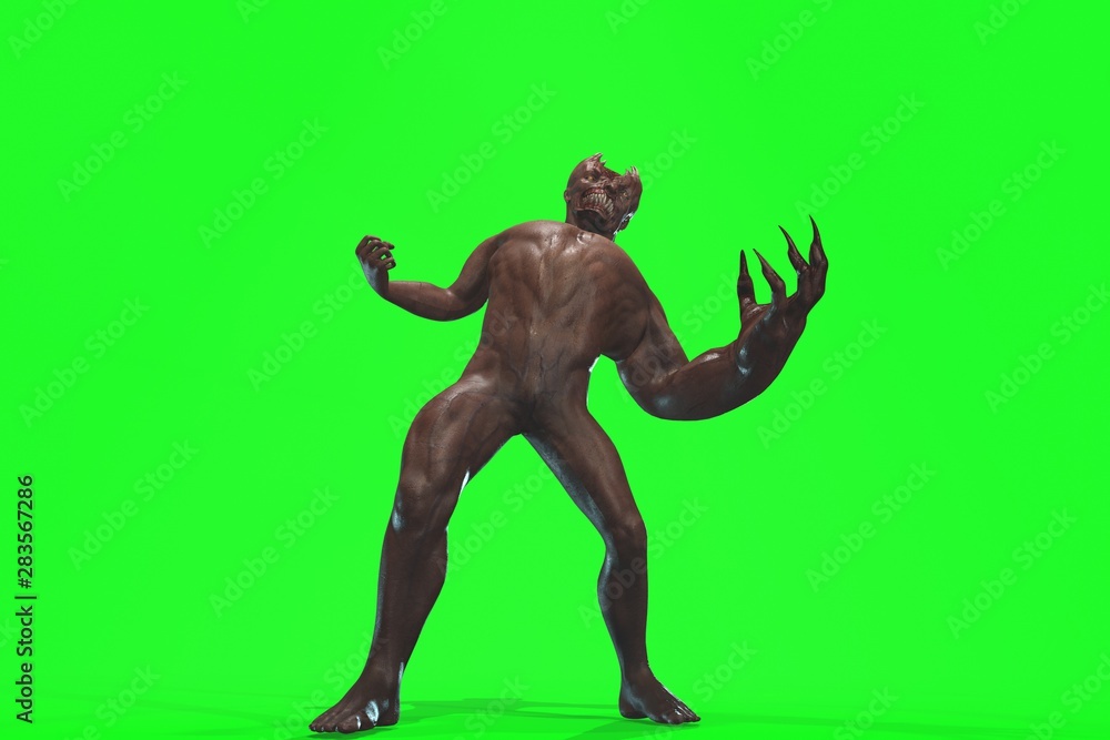 Fantasy character asym Monster 3d render on green background