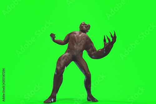 Fototapeta Naklejka Na Ścianę i Meble -  Fantasy character asym Monster 3d render on green background