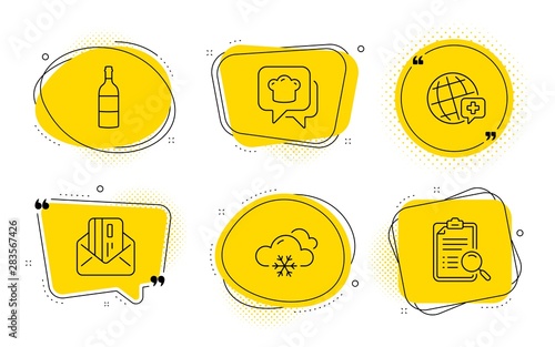 Snow weather, Cooking hat and Search analysis signs. Chat bubbles. World medicine, Wine bottle and Credit card line icons set. Online medicine, Cabernet sauvignon, Mail. Snowflake. Vector