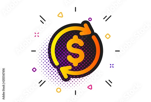 Money Transfer sign. Halftone circles pattern. Currency exchange icon. Dollar in rotation arrow symbol. Classic flat usd exchange icon. Vector