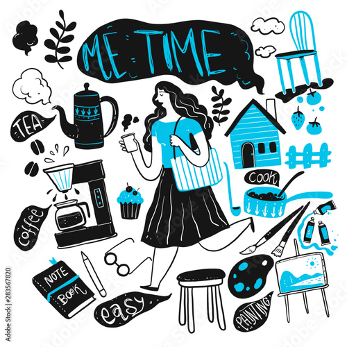 The daily of woman. Collection of hand drawn, Vector illustration in sketch doodle style.