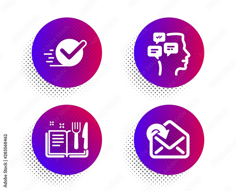 Recipe book, Checkbox and Messages icons simple set. Halftone dots button. Receive mail sign. Food, Approved, Notifications. Incoming message. Education set. Classic flat recipe book icon. Vector Recipe book, Checkbox and Messages icons simple set. Halftone dots button. Receive mail sign. Food, Approved, Notifications. Incoming message. Education set. Classic flat recipe book icon. Vector