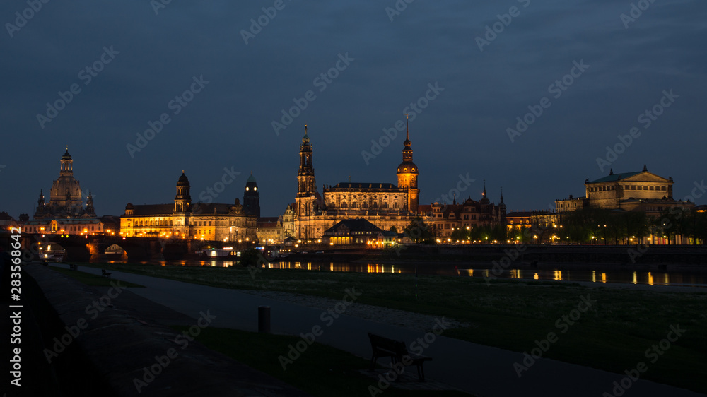 Classic twilight view of historic Dresden city center.