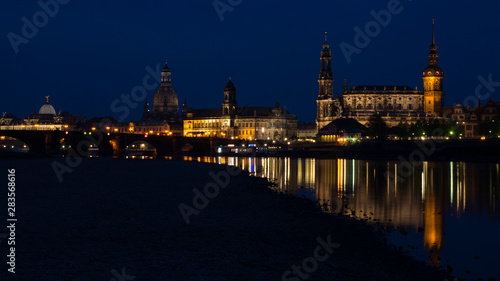 Classic twilight view of historic Dresden city center.