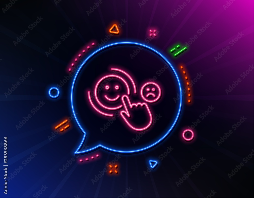 Customer satisfaction line icon. Neon laser lights. Positive feedback sign. Smile symbol. Glow laser speech bubble. Neon lights chat bubble. Banner badge with customer satisfaction icon. Vector Customer satisfaction line icon. Neon laser lights. Positive feedback sign. Smile symbol. Glow laser speech bubble. Neon lights chat bubble. Banner badge with customer satisfaction icon. Vector