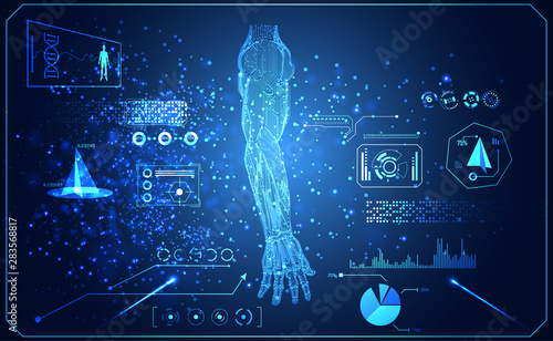 Abstract technology AI arm digital artificial intelligence concept Machine in Human for  treatment about health medical science medicine. Example Arm Machine are linkage with Human Arm. Interface HUD.