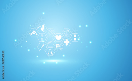 Abstract health medical science healthcare icon digital technology science concept modern innovation,Treatment,medicine on hi tech future blue background. for wallpaper, template, web design