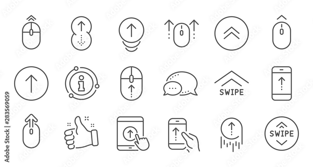 Swipe up line icons. Scrolling mouse, landing page swipe signs. Scroll up mobile device technology icons. Website scroll navigation. Linear set. Quality line set. Vector