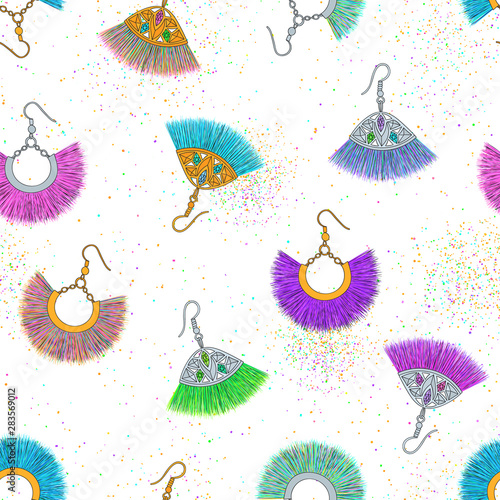 Earrings pattern. Tassel trendy jewelry. Jewels. Accessories. Fashion trend. Doodle earrings background. Vector sketch. Precious. Woman. Beauty. Boho style.