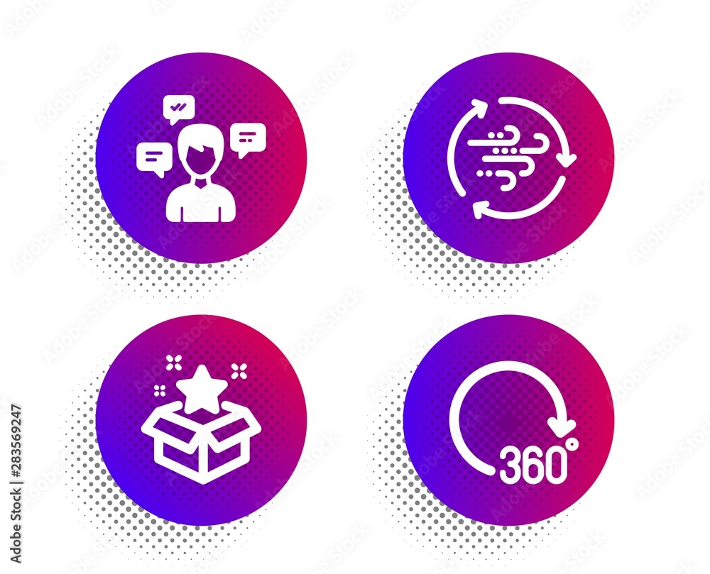 Wind energy, Loyalty program and Conversation messages icons simple set. Halftone dots button. 360 degrees sign. Breeze power, Bonus star, Communication. Full rotation. Business set. Vector