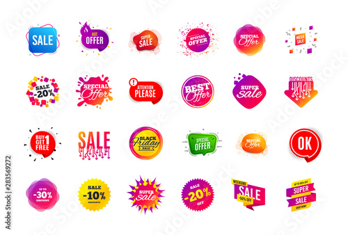 Sale banner badge. Special offer discount tags. Coupon shape templates design. Cyber monday sale discounts. Black friday shopping icons. Best ultimate offer badge. Super discount icons. Vector banners