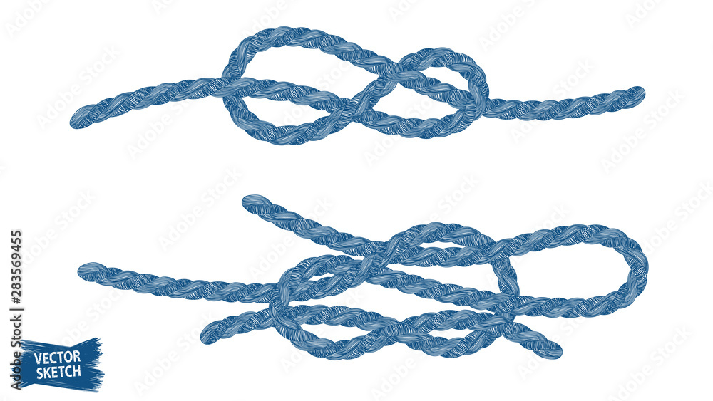 Nautical knots. Rope sketches. Braid. Rope knots. Braided trim. Marine.  Sail. Ship. Boat. Sailor. Sea. Ocean. Fishing. Fisherman. Nautical rope.  Vintage. Hand made. Stock Vector