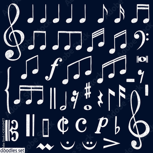 Music notes doodles set.  Treble clef. Hand drawn detailed sketch. G-clef. Scribbles collection. Piano. Organ. Symphony. Melody. Classic music.