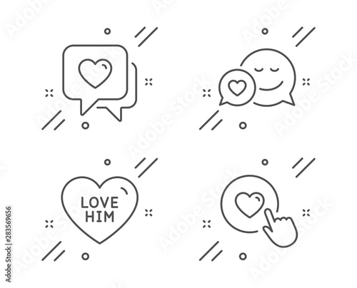 Love him, Dating and Heart line icons set. Like button sign. Sweetheart, Love messenger. Love set. Line love him outline icon. Vector