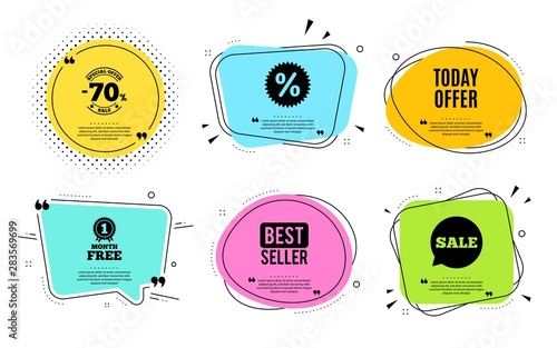 Today offer symbol. Best seller, quote text. Special sale price sign. Advertising discounts symbol. Quotation bubble. Banner badge, texting quote boxes. Today offer text. Coupon offer. Vector