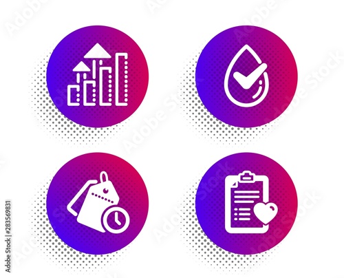 Time management, Analysis graph and Dermatologically tested icons simple set. Halftone dots button. Patient history sign. Clock tags, Targeting chart, Organic. Medical survey. Science set. Vector