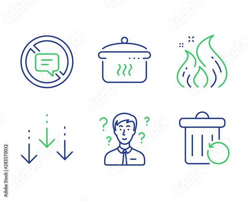 Support consultant, Boiling pan and Fire energy line icons set. Scroll down, Stop talking and Recovery trash signs. Question mark, Cooking utensil, Flame. Swipe screen. Business set. Vector