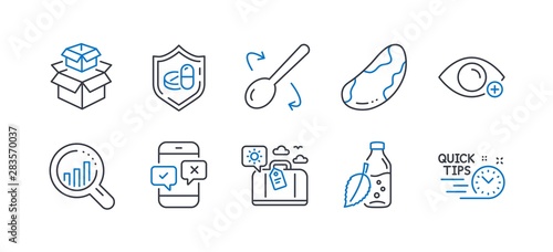 Set of Business icons, such as Seo analysis, Phone survey, Brazil nut, Water bottle, Packing boxes, Medical tablet, Farsightedness, Cooking spoon, Travel luggage, Quick tips line icons. Vector