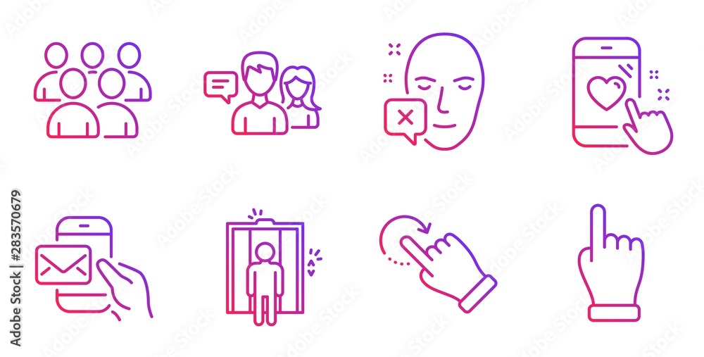 Heart rating, Messenger mail and Group line icons set. Rotation gesture, Elevator and People talking signs. Face declined, Click hand symbols. Phone feedback, New e-mail. People set. Vector Heart rating, Messenger mail and Group line icons set. Rotation gesture, Elevator and People talking signs. Face declined, Click hand symbols. Phone feedback, New e-mail. People set. Vector