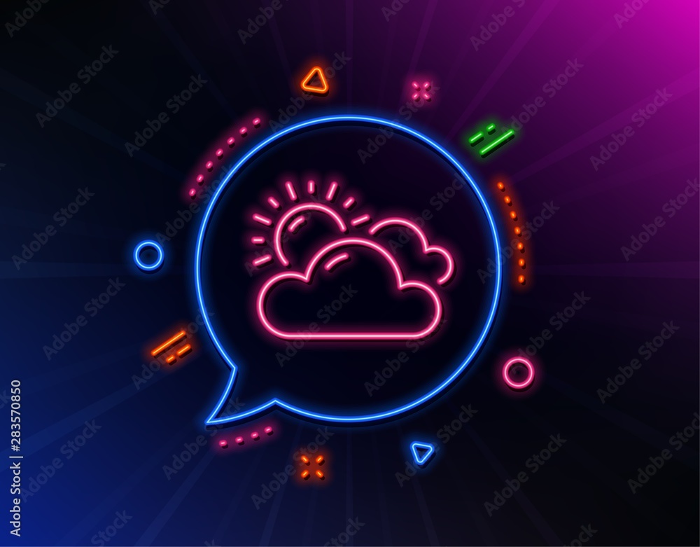 Sunny weather forecast line icon. Neon laser lights. Clouds with sun sign. Cloudy sky symbol. Glow laser speech bubble. Neon lights chat bubble. Banner badge with sunny weather icon. Vector