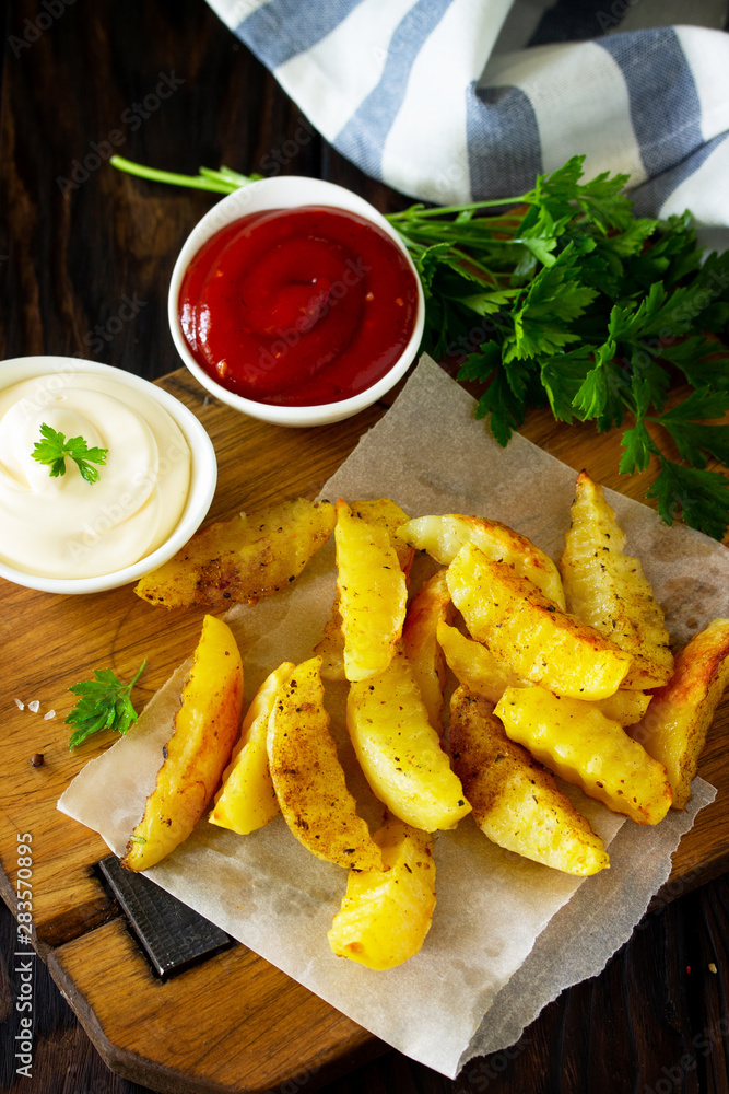 Homemade Tasty french fries on cutting board with Mayonnaise and with ketchup, on wooden table background. Homemade Tasty french fries on cutting board with Mayonnaise and with ketchup, on wooden table background.
