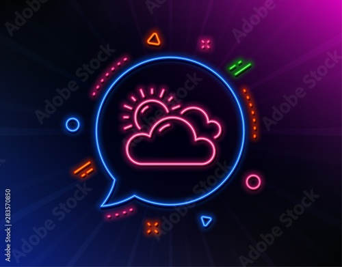 Sunny weather forecast line icon. Neon laser lights. Clouds with sun sign. Cloudy sky symbol. Glow laser speech bubble. Neon lights chat bubble. Banner badge with sunny weather icon. Vector
