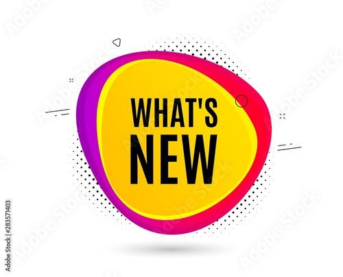 Whats new symbol. Banner text shape. Special offer sign. New arrivals symbol. Geometric vector banner. Whats new text. Gradient shape badge. Halftone pattern. Vector