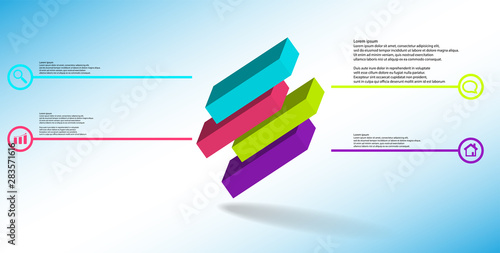 3D illustration infographic template with embossed cube divided to four shifted parts askew arranged