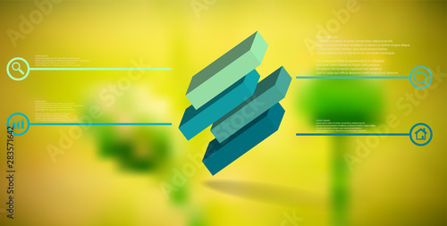 3D illustration infographic template with embossed cube divided to four shifted parts askew arranged