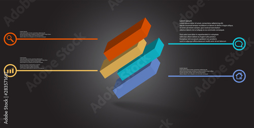 3D illustration infographic template with embossed cube divided to four shifted parts askew arranged