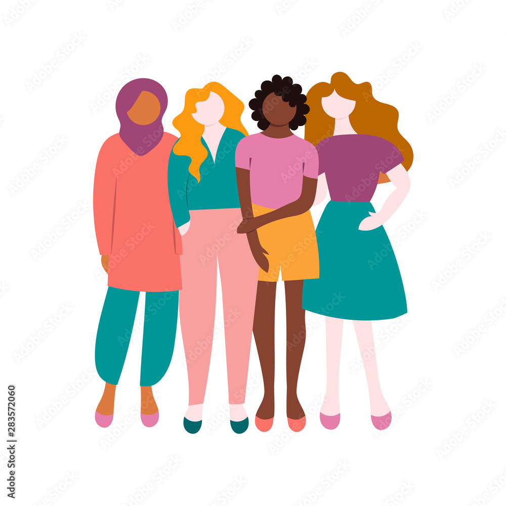 Four women, girls, girlfriends. Feminism activists. Vector