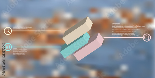 3D illustration infographic template with embossed cube divided to three shifted parts askew arranged