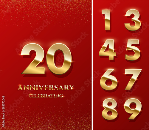 20 golden numbers and Anniversary Celebrating text on red background. Vector vertical anniversary celebration event invitation template with set of golden numbers.