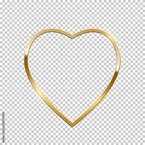Golden heart shape border isolated on transparent background. Vector golden frame.