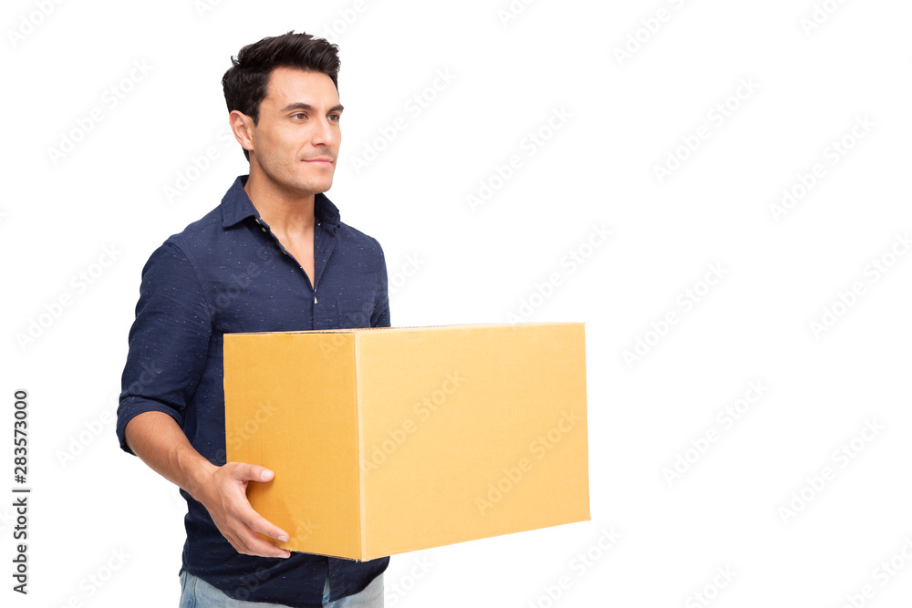 Young man with cardboard boxes isolated on white background Young man with cardboard boxes isolated on white background