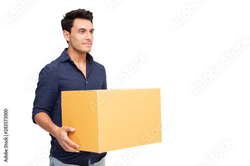 Young man with cardboard boxes isolated on white background