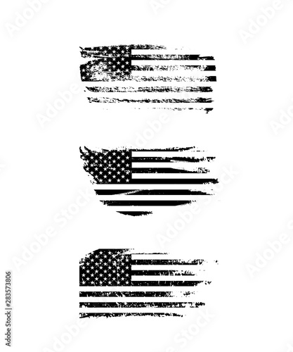 Black vintage USA flags illustration. Vector American flag on grunge texture set.