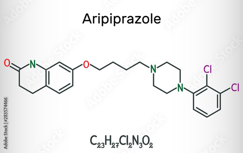 Aripiprazole, neurotransmitter, atypical antipsychotic drug  molecule. Structural chemical formula