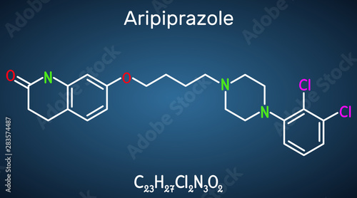 Aripiprazole, neurotransmitter, atypical antipsychotic drug  molecule. Structural chemical formula on the dark blue background