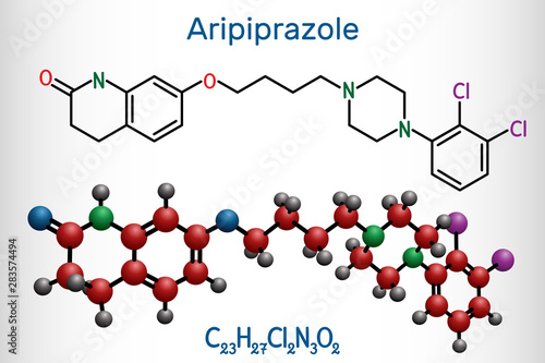 Aripiprazole, neurotransmitter, atypical antipsychotic drug  molecule. Structural chemical formula and molecule model.
