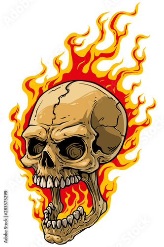 Cartoon detailed realistic colorful scary human skull with open mouth on fire. Isolated on white background. Vector icon.