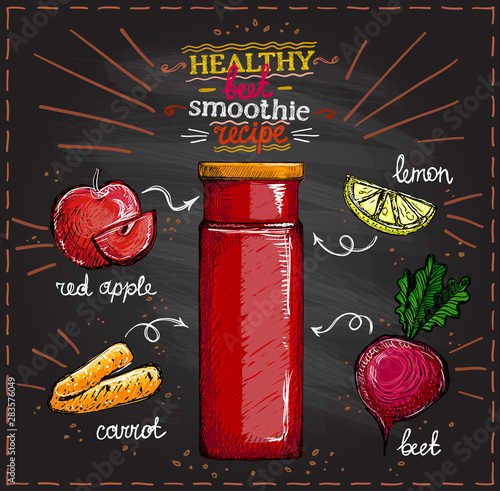 Healthy beet smoothie recipe on a chalkboard, vegetarian smoothie menu with ingredients