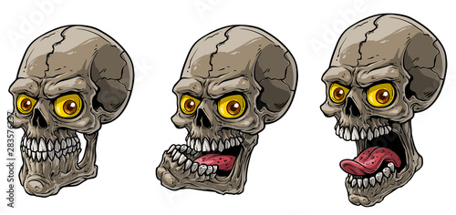 Cartoon detailed realistic colorful scary human skulls with yellow eyes and tongue. Isolated on white background. Vector icon set.